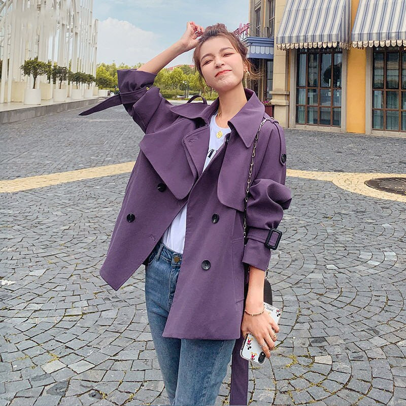 Sieviešu pavasara rudens īss mētelis 2021. gada jaunais korejiešu modes modes purpursarkanā krāsā, sieviešu vējjaka, brīva jaka ar instrumentiem