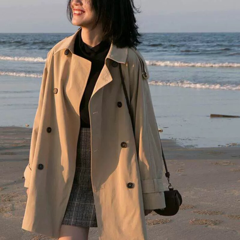 Trenčmētelis Sieviešu rudens jauns brīvs divrindu glīts stili BF Solid Studentu korejiešu paraugi Ins Ikdienas Modes Vīrieši Populāri Saldie