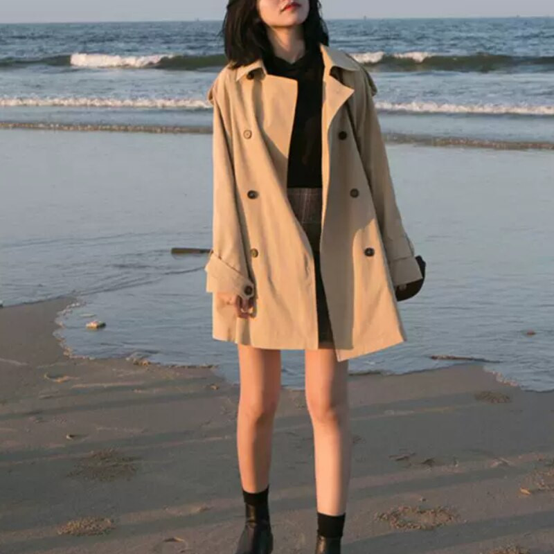 Trenčmētelis Sieviešu rudens jauns brīvs divrindu glīts stili BF Solid Studentu korejiešu paraugi Ins Ikdienas Modes Vīrieši Populāri Saldie