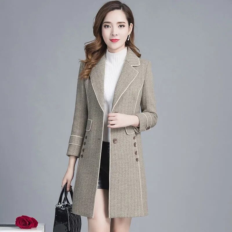 Vilnas Mētelis Sieviešu Jaka 20222 JAUNS Rudens Ziemas Vidēji Gari Plāni Mēteļi Jakas Sieviešu Eleganti Vilnas Virsdrēbes Ikdienas Mujer M-4XL