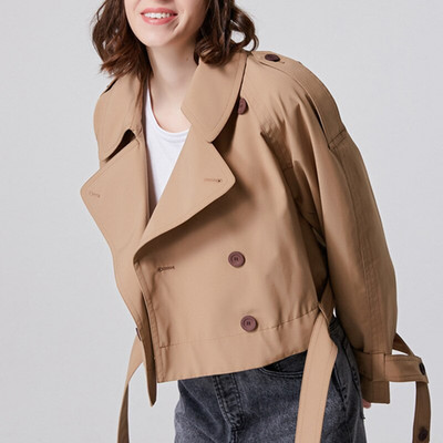 Ανοιξιάτικο φθινόπωρο 2021 Γυναικείο κοντό χακί παλτό αντιανεμικό παλτό με μακρυμάνικο δαντέλα επάνω γυναικείο μπουφάν