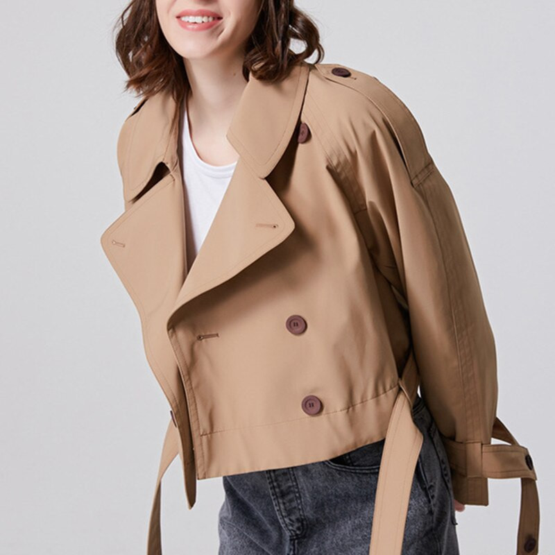 Ανοιξιάτικο φθινόπωρο 2021 Γυναικείο κοντό χακί παλτό αντιανεμικό παλτό με μακρυμάνικο δαντέλα επάνω γυναικείο μπουφάν