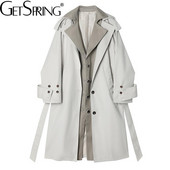 GetSpring Γυναικεία καμπαρντίνα Μονό στήθος Patchwork Fake Two Windbreaker Fashion Loose Long Γυναικείο Πανωφόρι Φθινόπωρο 2021 Νέο