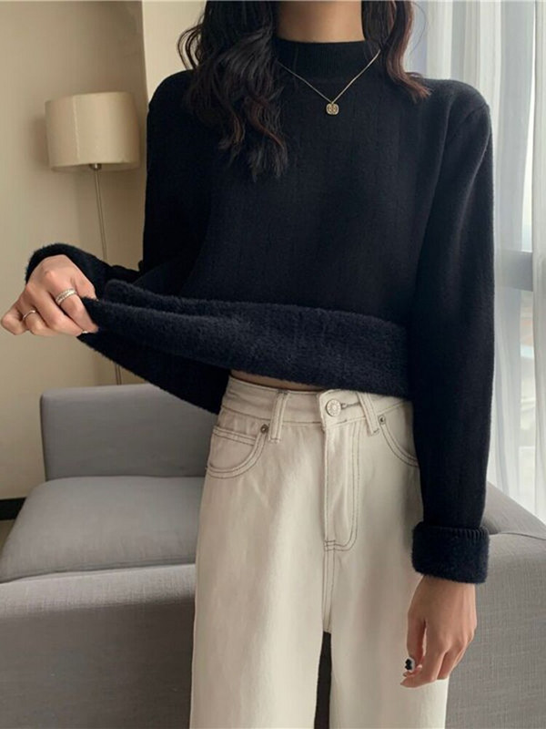 ZOKI Απαλό Γυναικείο Χοντρό Πουλόβερ Casual O λαιμό πλεκτό πουλόβερ Κορεάτικο πουλόβερ με όλα τα ματς Ζεστά μασίφ μασίφ βελούδινα γυναικεία μπλουζάκια βασικά