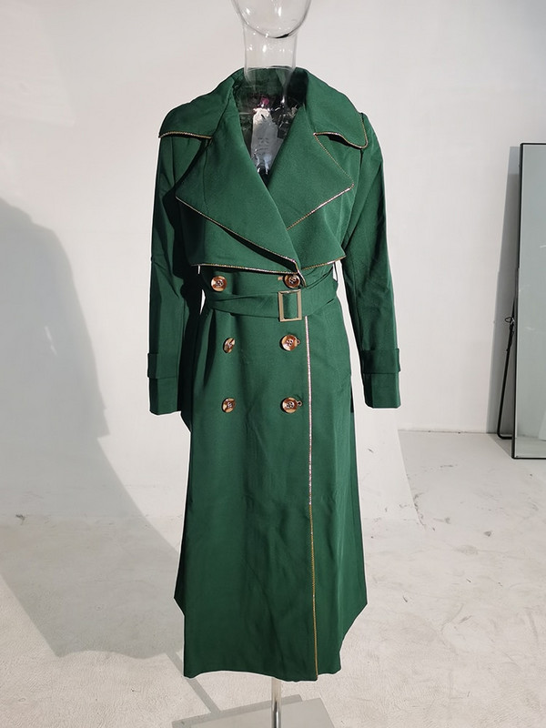 IEQJ Ženski dugi kaput Trench 2022., Novi široki rever, vjetrovka s dvostrukim kopčanjem, puna rukava, Ženska odjeća 3W6766