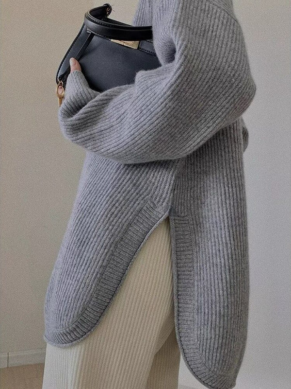 Vintage džemper s bočnom vilicom Debeli labavi srednji i dugi prekomjerni džemper ženski O-izrez Jesenski i zimski modni pleteni pulover