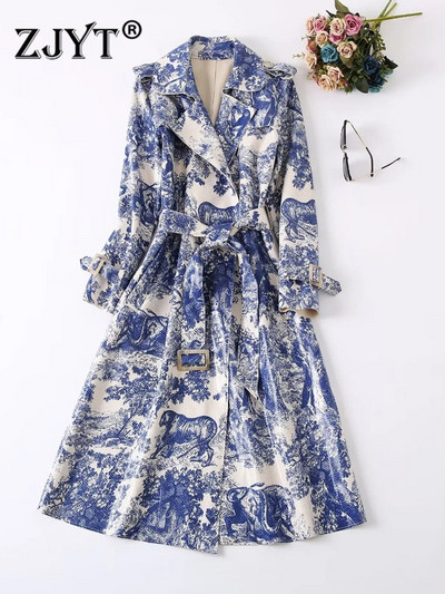ZJYT Fashion Runway Jesen Zima Trenč kaput za žene 2022 Luksuzni vintage print Duga vjetrovka Elegantna gornja jakna Plava