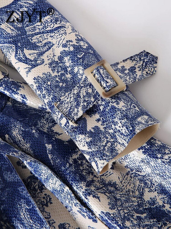ZJYT Fashion Runway Φθινοπωρινή χειμερινή καμπαρντίνα για γυναίκες 2022 Πολυτελής vintage στάμπα Μακριά αντιανεμικό κομψό μπουφάν μπλε