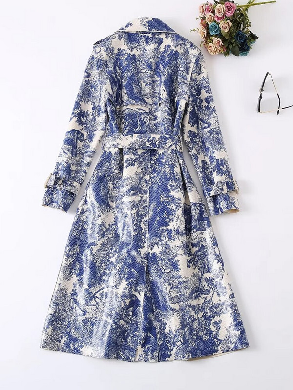 ZJYT Fashion Runway Φθινοπωρινή χειμερινή καμπαρντίνα για γυναίκες 2022 Πολυτελής vintage στάμπα Μακριά αντιανεμικό κομψό μπουφάν μπλε