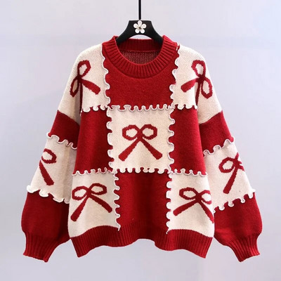 Κόκκινο πουλόβερ Γυναικείο φθινοπωρινό πλεκτό πουλόβερ 2022 Νέο παπιγιόν χαλαρό πλεκτό Κορυφαίο πουλόβερ πουλόβερ μόδας Γυναικείο φούτερ