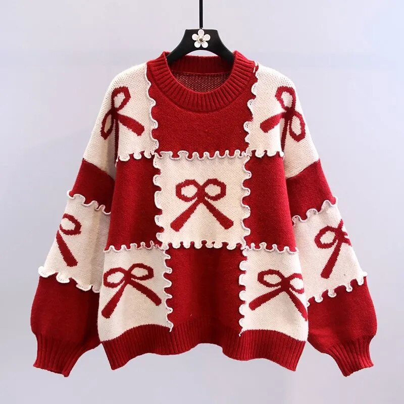 Κόκκινο πουλόβερ Γυναικείο φθινοπωρινό πλεκτό πουλόβερ 2022 Νέο παπιγιόν χαλαρό πλεκτό Κορυφαίο πουλόβερ πουλόβερ μόδας Γυναικείο φούτερ