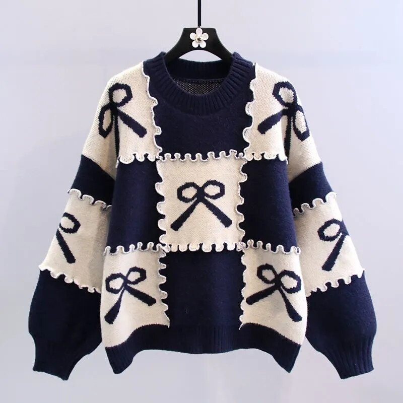 Κόκκινο πουλόβερ Γυναικείο φθινοπωρινό πλεκτό πουλόβερ 2022 Νέο παπιγιόν χαλαρό πλεκτό Κορυφαίο πουλόβερ πουλόβερ μόδας Γυναικείο φούτερ