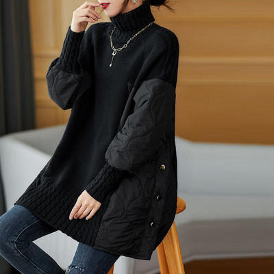 Χαλαρό πουλόβερ με ψηλό λαιμό με κορδόνι πολλαπλών πάνελ, χαλαρό και απλό πλεκτό παλτό βάσης που μπορεί να φθαρεί το φθινόπωρο και το χειμώνα