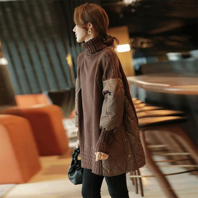 Χαλαρό πουλόβερ με ψηλό λαιμό με κορδόνι πολλαπλών πάνελ, χαλαρό και απλό πλεκτό παλτό βάσης που μπορεί να φθαρεί το φθινόπωρο και το χειμώνα