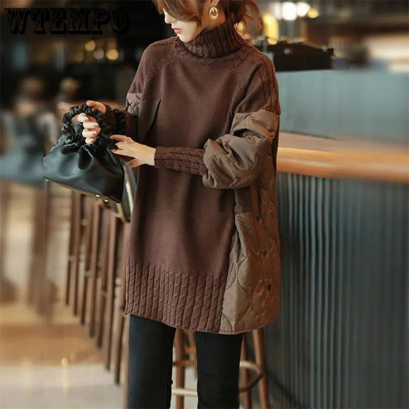 Χαλαρό πουλόβερ με ψηλό λαιμό με κορδόνι πολλαπλών πάνελ, χαλαρό και απλό πλεκτό παλτό βάσης που μπορεί να φθαρεί το φθινόπωρο και το χειμώνα