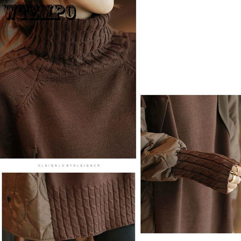 Χαλαρό πουλόβερ με ψηλό λαιμό με κορδόνι πολλαπλών πάνελ, χαλαρό και απλό πλεκτό παλτό βάσης που μπορεί να φθαρεί το φθινόπωρο και το χειμώνα