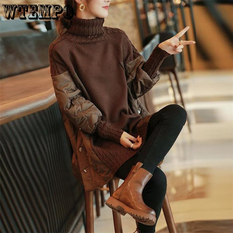 Χαλαρό πουλόβερ με ψηλό λαιμό με κορδόνι πολλαπλών πάνελ, χαλαρό και απλό πλεκτό παλτό βάσης που μπορεί να φθαρεί το φθινόπωρο και το χειμώνα