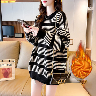 Ikdienišķs, brīvs, svītrains sieviešu džemperis ar apaļu apkakli