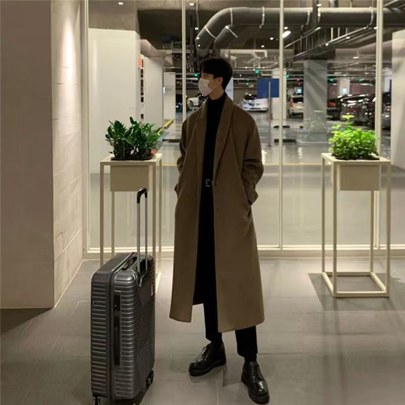 2022 Φθινόπωρο, Χειμώνας, πολύ μακριά μάλλινη καμπαρντίνα, μάρκα ανδρικό κασμίρ, χαλαρό παλτό με μονό στήθος Ανδρικά μαύρα παλτό