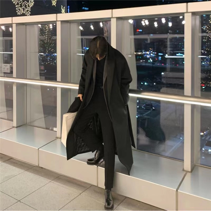 2022 Φθινόπωρο, Χειμώνας, πολύ μακριά μάλλινη καμπαρντίνα, μάρκα ανδρικό κασμίρ, χαλαρό παλτό με μονό στήθος Ανδρικά μαύρα παλτό