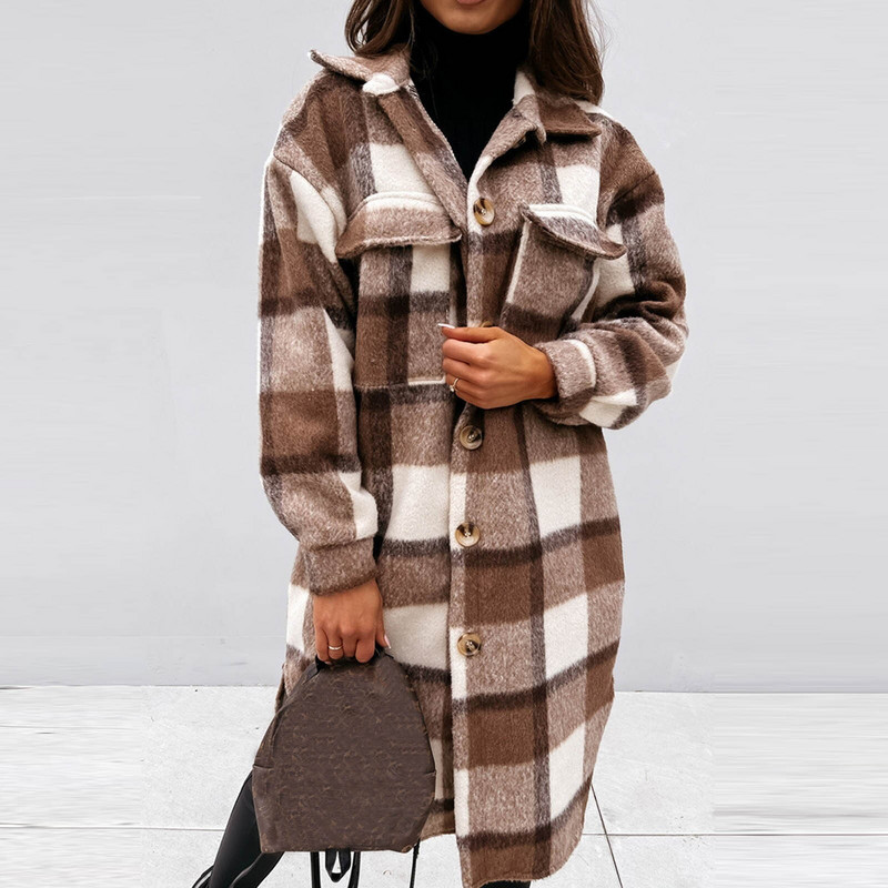 Jesenski ženski kaput Karirana jakna dugih rukava Modna ženska odjeća velikih veličina Široki kardigan s dugmadima na rever Gornja odjeća