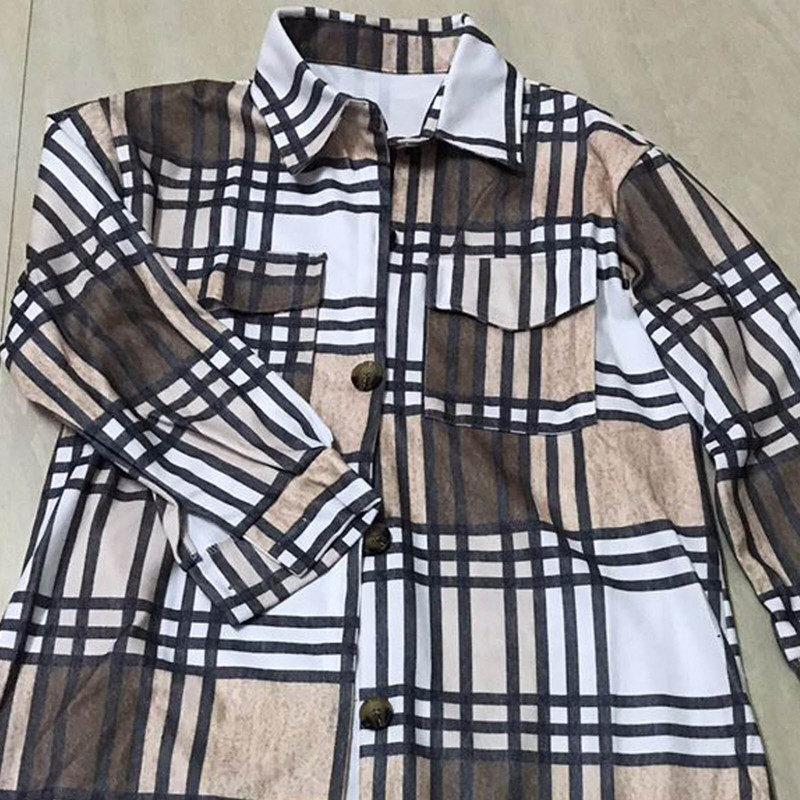 Jesenski ženski kaput Karirana jakna dugih rukava Modna ženska odjeća velikih veličina Široki kardigan s dugmadima na rever Gornja odjeća
