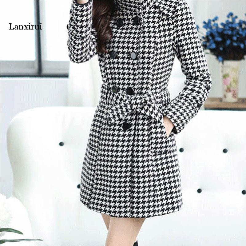 Φθινοπωρινό Χειμερινό Γυναικείο Αντιανεμικό Παλτό Μαύρο Λευκό Houndstooth Παλτό Boss Αυτοκαλλιέργεια Γυναικείο Lanxirui