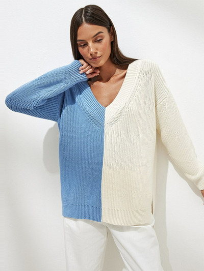 Rudens un ziemas jauns džemperis, kas savienots ar V-veida kakla izgriezumu Street 2022, slinks ikdienas brīvs trikotāžas sieviešu džemperi ar garām piedurknēm sieviešu džemperis