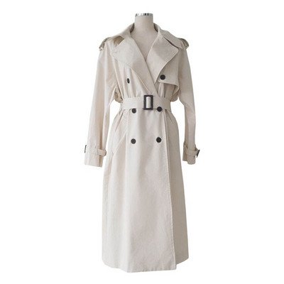 Λευκή κομψή γυναικεία καμπαρντίνα Μακριά εξωτερικά ενδύματα με διπλό στήθος με παλτό με ζώνη Γυναικείο vintage αντιανεμικό μπουφάν Άνοιξη Φθινόπωρο 2021