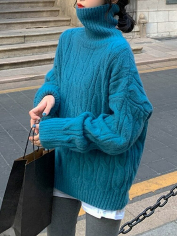 Μαλακό κέρινο πουλόβερ με ψηλό λαιμό, νέο γυναικείο χαλαρό και παχύρρευστο πουλόβερ με στριφτή τηγανητή ζύμη το φθινόπωρο και το χειμώνα 2022, Lazy Wind