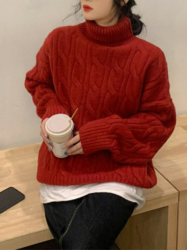 Μαλακό κέρινο πουλόβερ με ψηλό λαιμό, νέο γυναικείο χαλαρό και παχύρρευστο πουλόβερ με στριφτή τηγανητή ζύμη το φθινόπωρο και το χειμώνα 2022, Lazy Wind