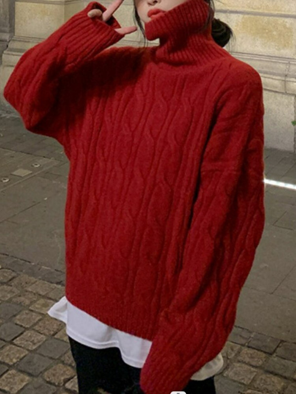 Μαλακό κέρινο πουλόβερ με ψηλό λαιμό, νέο γυναικείο χαλαρό και παχύρρευστο πουλόβερ με στριφτή τηγανητή ζύμη το φθινόπωρο και το χειμώνα 2022, Lazy Wind