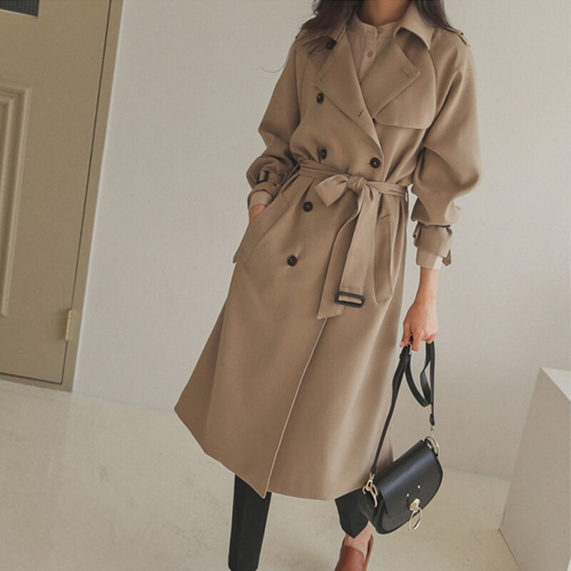 Ailegogo novi ženski dugi trenč kaput s dvostrukim kopčanjem i remenom, ležerna ženska kaki modna vanjska odjeća