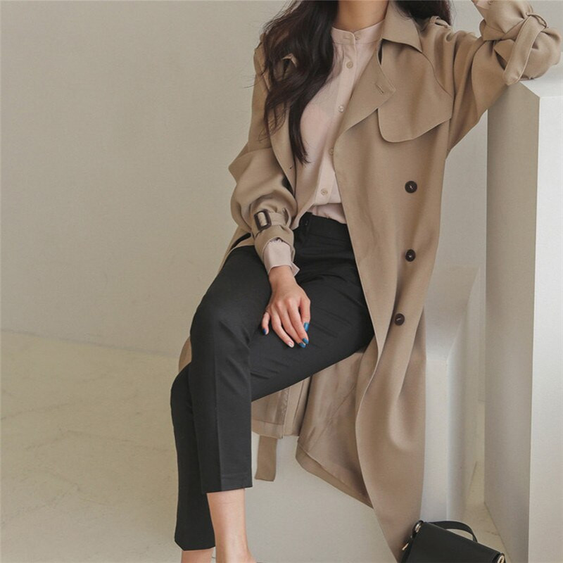 Ailegogo novi ženski dugi trenč kaput s dvostrukim kopčanjem i remenom, ležerna ženska kaki modna vanjska odjeća