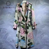 SEQINYY Μακριά καμπαρντίνα Άνοιξη Φθινόπωρο Νέο Γυναικείο Σχέδιο Γυναικείας Πασαρέλας High Street Hydrangea Flowers Print PU Loose Elegant