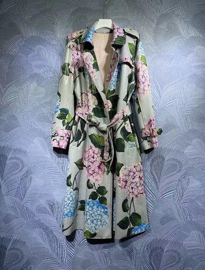 SEQINYY Μακριά καμπαρντίνα Άνοιξη Φθινόπωρο Νέο Γυναικείο Σχέδιο Γυναικείας Πασαρέλας High Street Hydrangea Flowers Print PU Loose Elegant