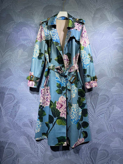 SEQINYY Μακριά καμπαρντίνα Άνοιξη Φθινόπωρο Νέο Γυναικείο Σχέδιο Γυναικείας Πασαρέλας High Street Hydrangea Flowers Print PU Loose Elegant