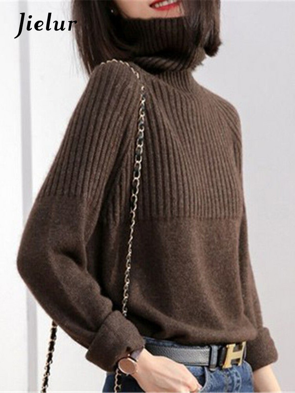 Jielur Fashion με ψηλό λαιμό μακρυμάνικο πουλόβερ Γυναικείο φθινόπωρο και χειμώνα Νέο casual χαλαρό πουλόβερ μονόχρωμο γυναικείο πουλόβερ