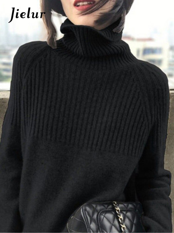 Jielur Fashion με ψηλό λαιμό μακρυμάνικο πουλόβερ Γυναικείο φθινόπωρο και χειμώνα Νέο casual χαλαρό πουλόβερ μονόχρωμο γυναικείο πουλόβερ