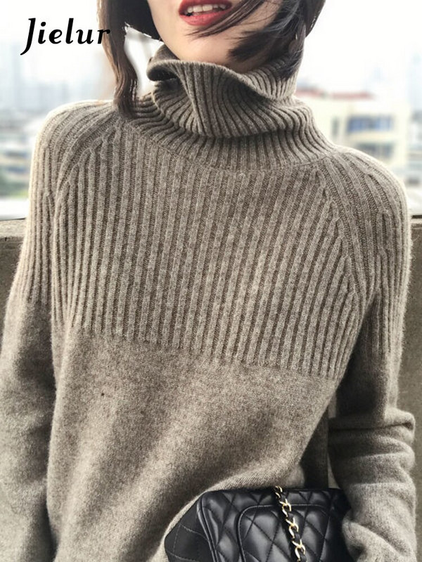 Jielur Fashion με ψηλό λαιμό μακρυμάνικο πουλόβερ Γυναικείο φθινόπωρο και χειμώνα Νέο casual χαλαρό πουλόβερ μονόχρωμο γυναικείο πουλόβερ