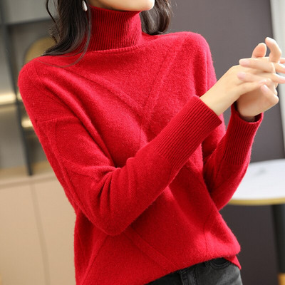 LONGMING Ženski pulover s dolčevitom 100% merino vunom Zimski topli pleteni pulover Džemperi Ženski džemperi od kašmira Pletene majice