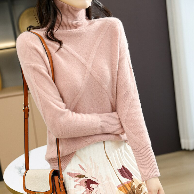 LONGMING Ženski pulover s dolčevitom 100% merino vunom Zimski topli pleteni pulover Džemperi Ženski džemperi od kašmira Pletene majice