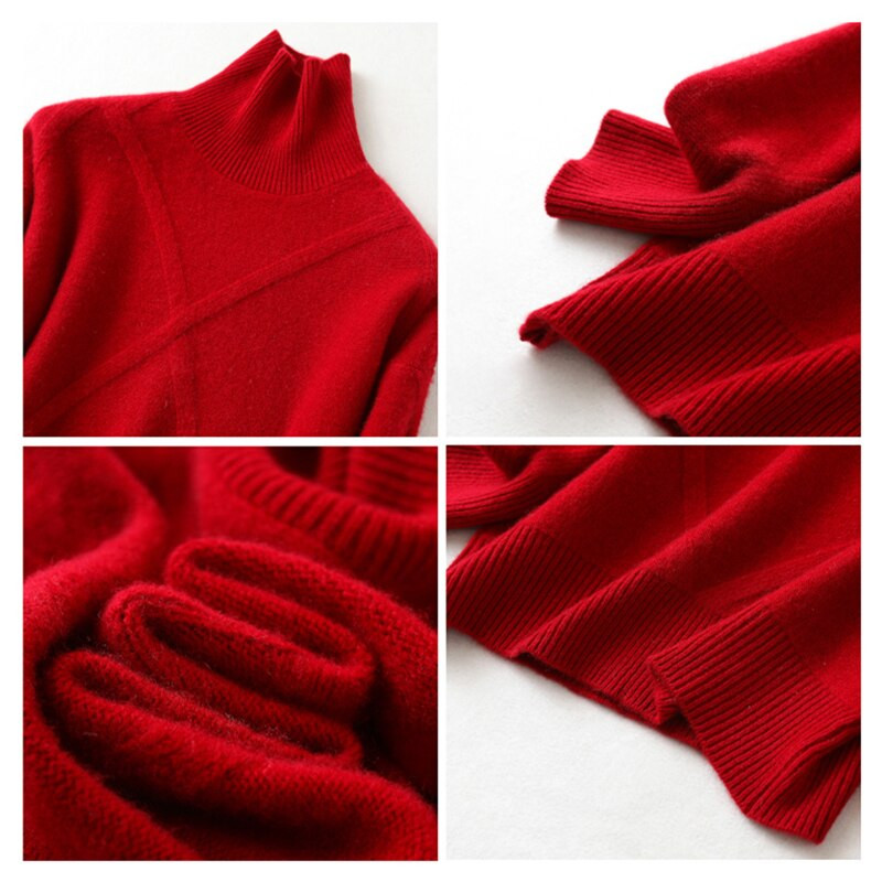 LONGMING Ženski pulover s dolčevitom 100% merino vunom Zimski topli pleteni pulover Džemperi Ženski džemperi od kašmira Pletene majice