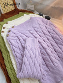 Yitimoky pulover Ženski preveliki džemper Pulover Ljubičasta križana jesen zima 2022. Pletene tople majice s 3 gumba Odjeća s O-izrezom