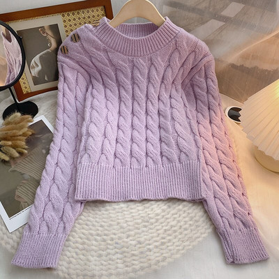Yitimoky pulover Ženski preveliki džemper Pulover Ljubičasta križana jesen zima 2022. Pletene tople majice s 3 gumba Odjeća s O-izrezom
