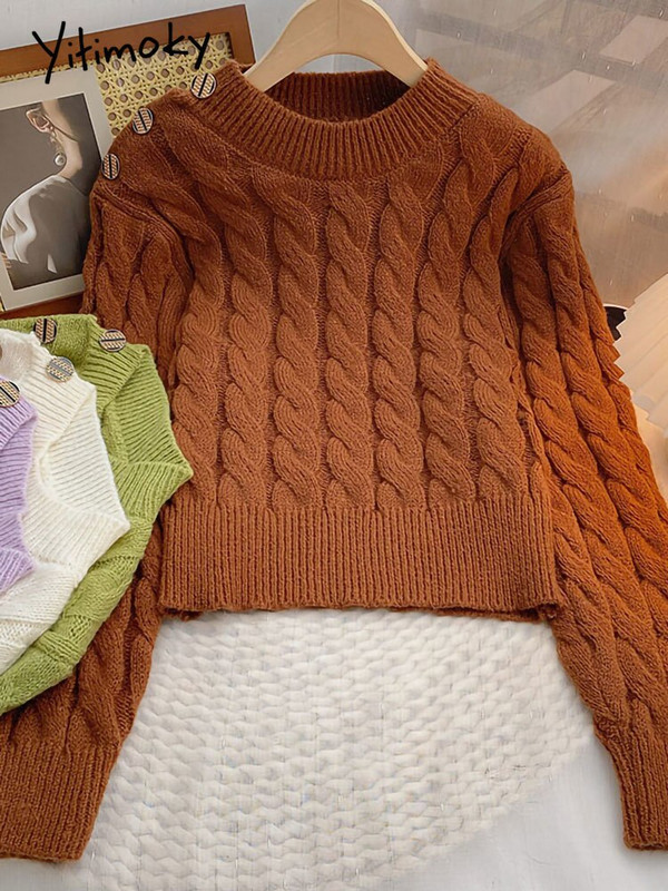 Yitimoky pulover Ženski preveliki džemper Pulover Ljubičasta križana jesen zima 2022. Pletene tople majice s 3 gumba Odjeća s O-izrezom