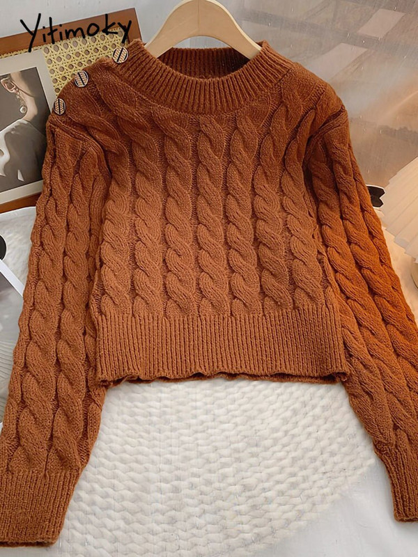 Yitimoky pulover Ženski preveliki džemper Pulover Ljubičasta križana jesen zima 2022. Pletene tople majice s 3 gumba Odjeća s O-izrezom