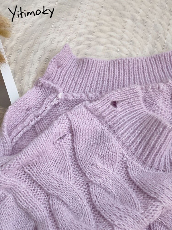 Yitimoky pulover Ženski preveliki džemper Pulover Ljubičasta križana jesen zima 2022. Pletene tople majice s 3 gumba Odjeća s O-izrezom