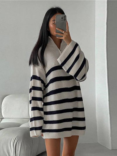 Pleteni pulover s otvorenim ovratnikom, ulična odjeća, široki prugasti džemper, ženske jesenske i zimske 2022., debeli, topli ženski ležerni džemperi