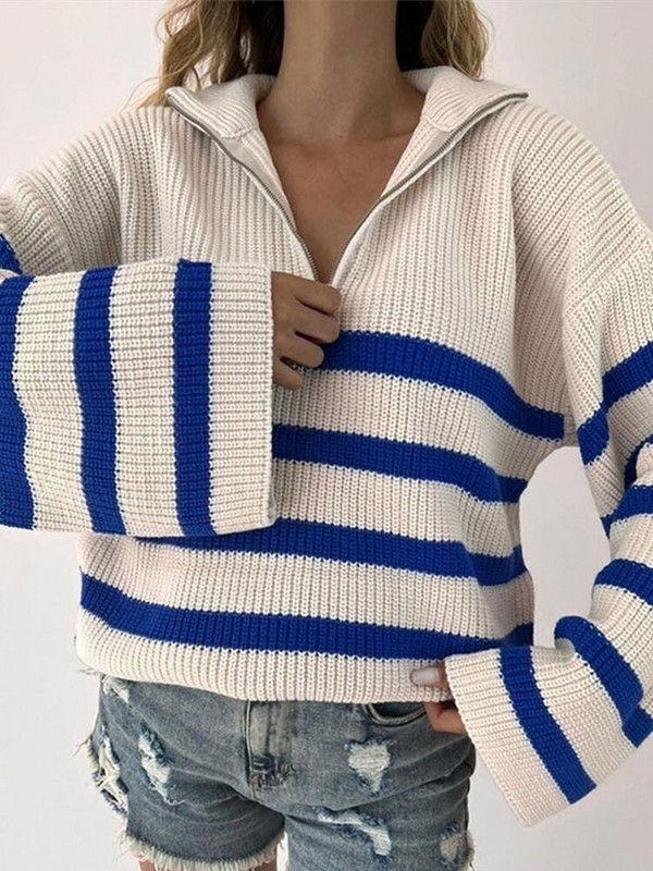 Pleteni pulover s otvorenim ovratnikom, ulična odjeća, široki prugasti džemper, ženske jesenske i zimske 2022., debeli, topli ženski ležerni džemperi